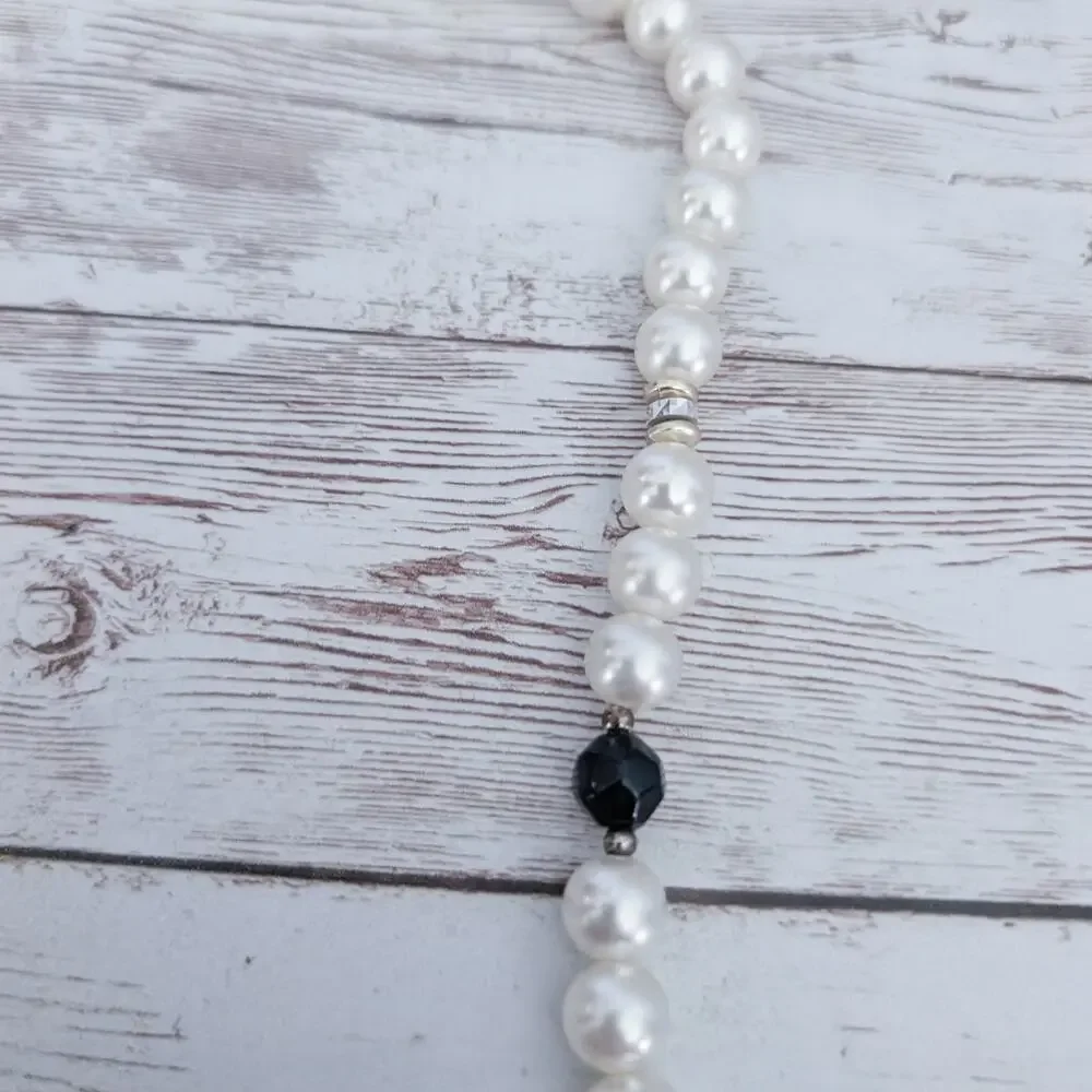 Vintage Necklace Long Faux Pearl with Black & Gold Tone/Silver Tone Accents